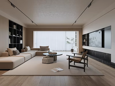 Modern Living Room Interior Beige Sofa Round Coffee Table Wooden Floors Large Window TV Bookshelves 3d model