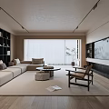 Modern Living Room Interior Beige Sofa Round Coffee Table Wooden Floors Large Window TV Bookshelves
