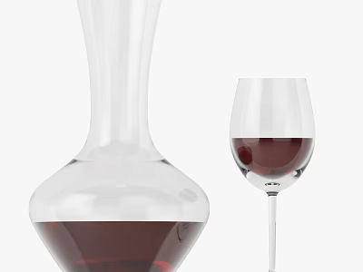 Elegant Glass Decanter and Wine Glass with Red Wine on White Background 3d model