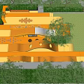 Garden Landscape Design With Geometric Paving Water Feature And Green Plants