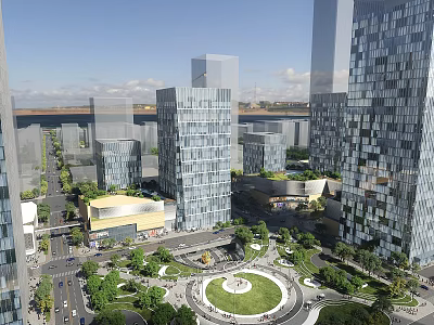 Modern Glass Curtain Wall Office Building In Urban Complex With Plaza And Greenery 3d model
