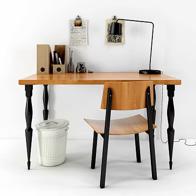 Wooden Desk with Chair Lamp Pen Holder Trash Can and Decorative Poster 3d model
