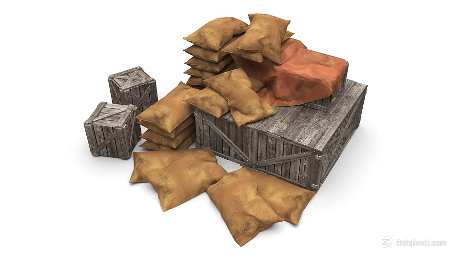 Household Storage Items With Stacked Brown Sacks Wooden Crates And Orange Cloth 3d model 