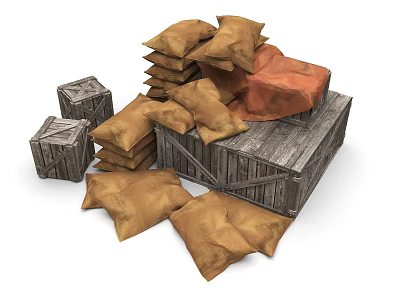 Household Storage Items With Stacked Brown Sacks Wooden Crates And Orange Cloth 3d model