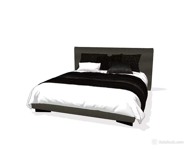 Modern Double Bed with Black Headboard White Bed Sheets and Black Pillows 3d model 