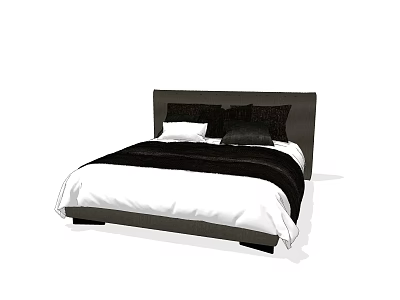 Modern Double Bed with Black Headboard White Bed Sheets and Black Pillows 3d model