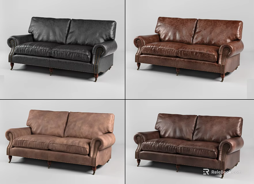Leather Two-Seater Sofa In Black And Brown With Classic Armrests And Wooden Legs 3d model 