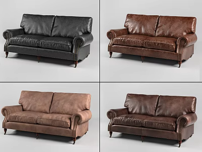 Leather Two-Seater Sofa In Black And Brown With Classic Armrests And Wooden Legs 3d model