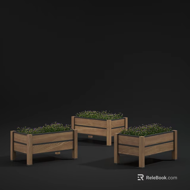 Three Wooden Garden Planters with Lush Green Plants for Outdoor Decor 3d model 