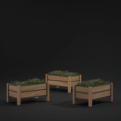 Three Wooden Garden Planters with Lush Green Plants for Outdoor Decor 3d model