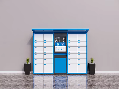 Blue White Storage Locker Cabinet With Multiple Compartments Digital Screen Potted Plants Marble Floor 3d model