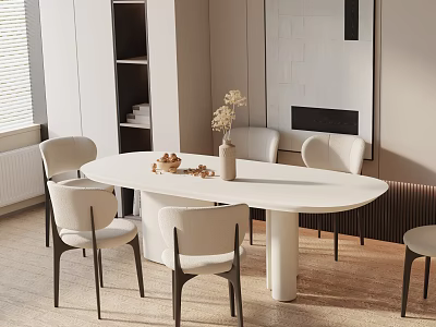 Modern White Oval Dining Table Set With Light Colored Chairs And Flower Vase Decorations 3d model