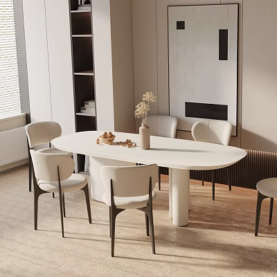 Modern White Oval Dining Table Set With Light Colored Chairs And Flower Vase Decorations 3d model