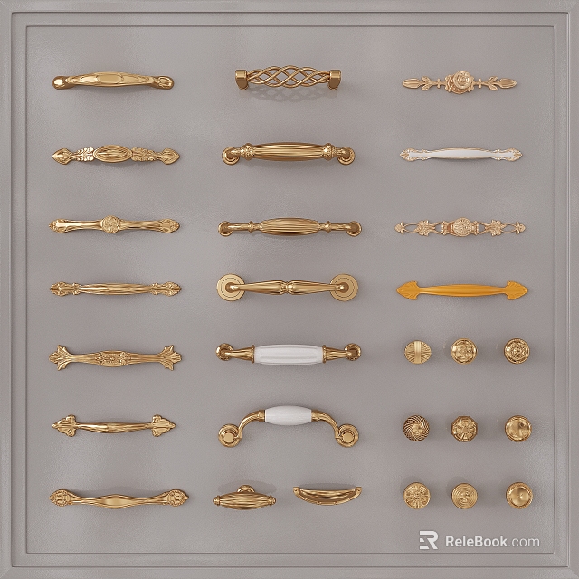Various Stylish Metal Cabinet Handles In Gold White And Decorative Designs 3d model 