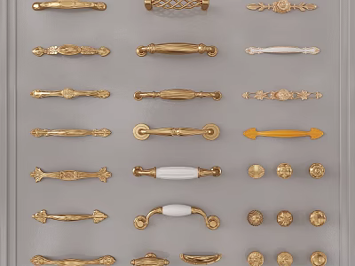 Various Stylish Metal Cabinet Handles In Gold White And Decorative Designs 3d model