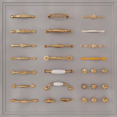 Various Stylish Metal Cabinet Handles In Gold White And Decorative Designs 3d model