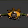 Elderly woman in green top yellow scarf white floral apron with arms outstretched