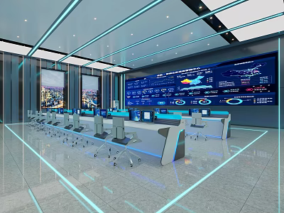 Modern High Tech Control Room Interior With Large Screens Data Charts And Control Desks 3d model