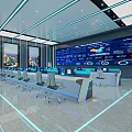 Modern High Tech Control Room Interior With Large Screens Data Charts And Control Desks 3d model