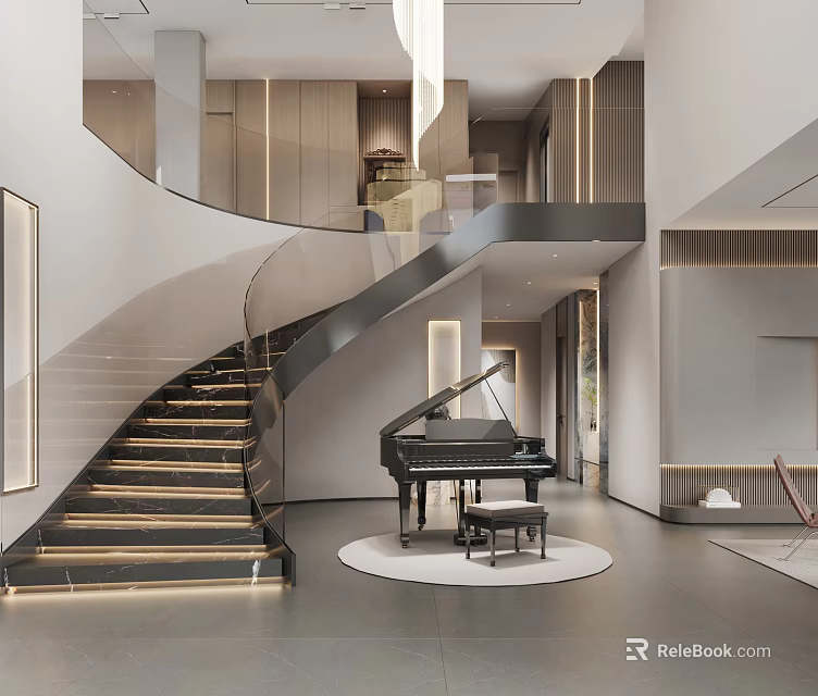 Modern Interior Design Featuring Spiral Staircase Black Piano And Round Rug 3d model 