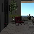 Red Comfortable Lounge Chair On Balcony With Side Table Green Plants Ocean View And Cityscape