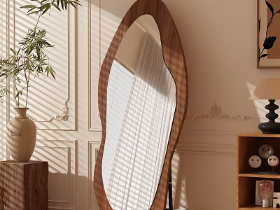 Unique Shaped Wooden Frame Floor Mirror in Elegant Interior with Wainscoting and Green Plant 3d model