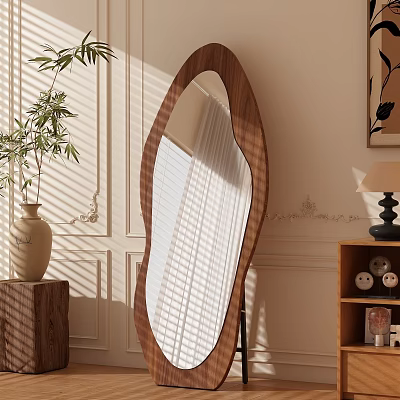 Unique Shaped Wooden Frame Floor Mirror in Elegant Interior with Wainscoting and Green Plant 3d model