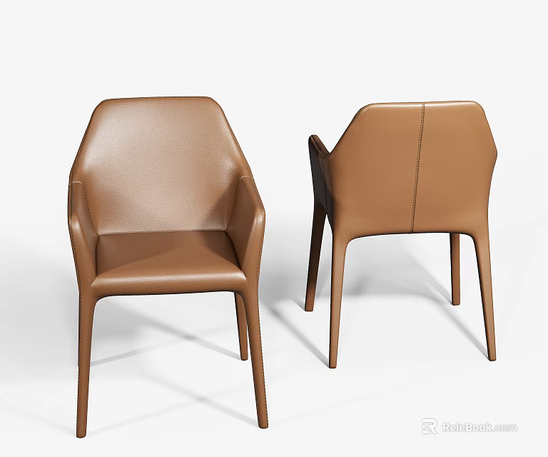 Modern Minimalist Brown Leather Dining Chairs With Backrest And Slim Legs 3d model 
