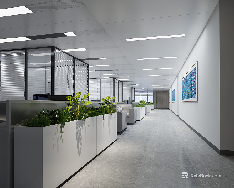 Modern Office Corridor with Glass Partitions Green Plants Ceiling Lights and Abstract Wall Painting 3d model 