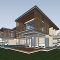 Modern Detached Villa Exterior With Glass Facade Wooden Deck And Green Lawn