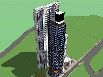 Modern High Rise Buildings In Urban Cityscape With Glass Facades And Green Areas 3d model