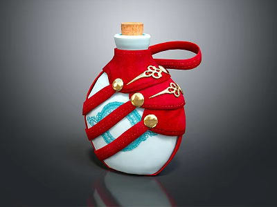Wine Bottle And Glass With Red Cloth Wrapping Cork Gold Buttons Blue Embroidery White Body 3d model