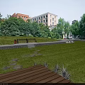 Park Landscape Featuring Green Lawn Circular Stone Stepping Stones Wooden Deck Bench Trees And Buildings
