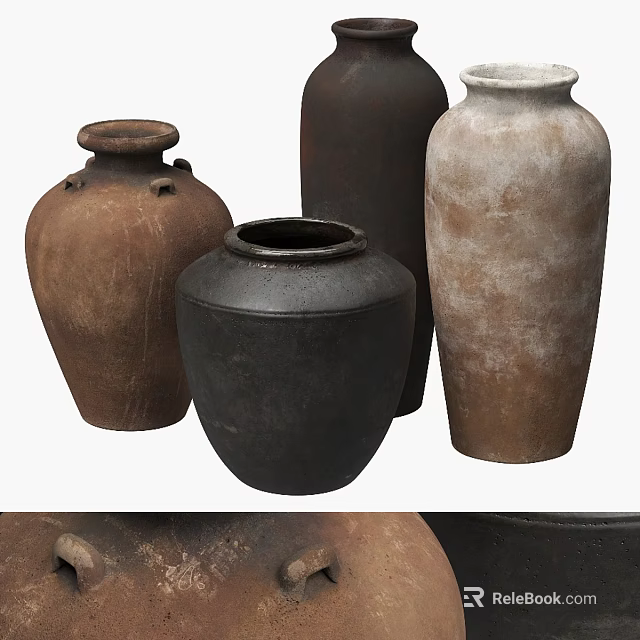 Vintage Inspired Handcrafted Ceramic Vessels with Earth Tones and Textured Surfaces 3d model 