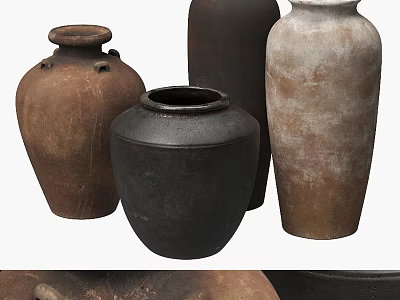 Vintage Inspired Handcrafted Ceramic Vessels with Earth Tones and Textured Surfaces 3d model