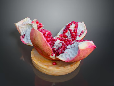 Cut Open Pomegranate With Fresh Red Arils On Wooden Plate Dark Background 3d model