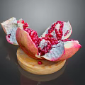 Cut Open Pomegranate With Fresh Red Arils On Wooden Plate Dark Background 3d model