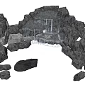 Natural Stone and Wood Rock Formation with Cascading Waterfall and Flowing Water Elements