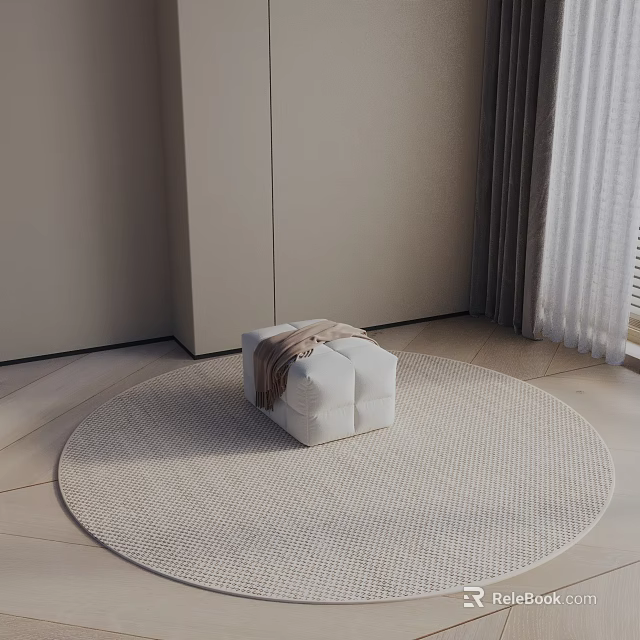 White Side Table with Blanket on Round Light Rug in Room Corner with Curtains 3d model 