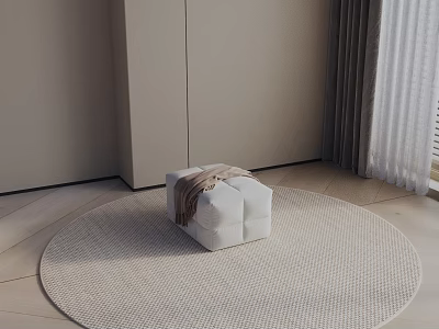 White Side Table with Blanket on Round Light Rug in Room Corner with Curtains 3d model