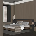 Contemporary Bedroom Interior Design With Upholstered Headboard Bed Wooden Paneled Wall Pendant Lights And Rug