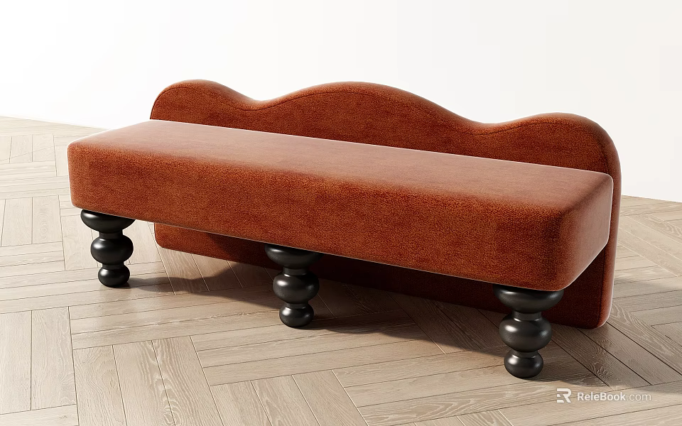Modern Orange Velvet Bench With Backrest And Black Spherical Legs On Wooden Floor 3d model 