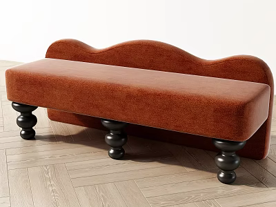 Modern Orange Velvet Bench With Backrest And Black Spherical Legs On Wooden Floor 3d model