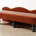 Modern Orange Velvet Bench With Backrest And Black Spherical Legs On Wooden Floor