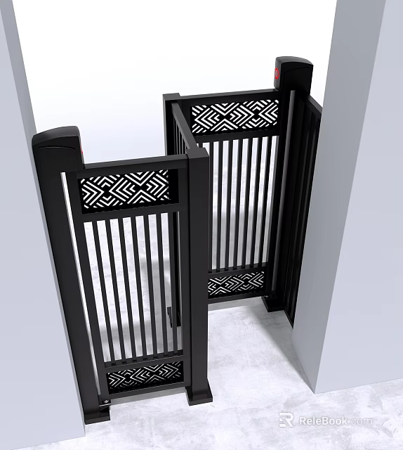Modern Interior Black Swing Door With Geometric Pattern And Vertical Slats 3d model 