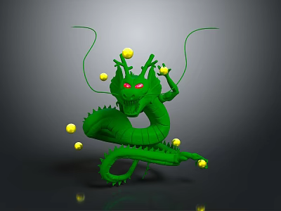 Green Dragon With Red Eyes Coiled Body And Green Tentacles Surrounded By Yellow Balls 3d model