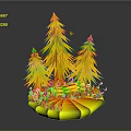 Miniature Nature Scene With Green Pine Trees Grass Red Mushrooms Flowers Birds And Butterflies