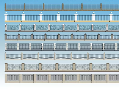 Various Decorative Fence Designs With Ornate Metal Railings And Stone Bases 3d model