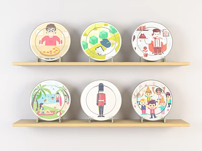 Colorful Cartoon Decorative Plates With Various Fun Designs On Wooden Shelves 3d model