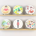 Colorful Cartoon Decorative Plates With Various Fun Designs On Wooden Shelves